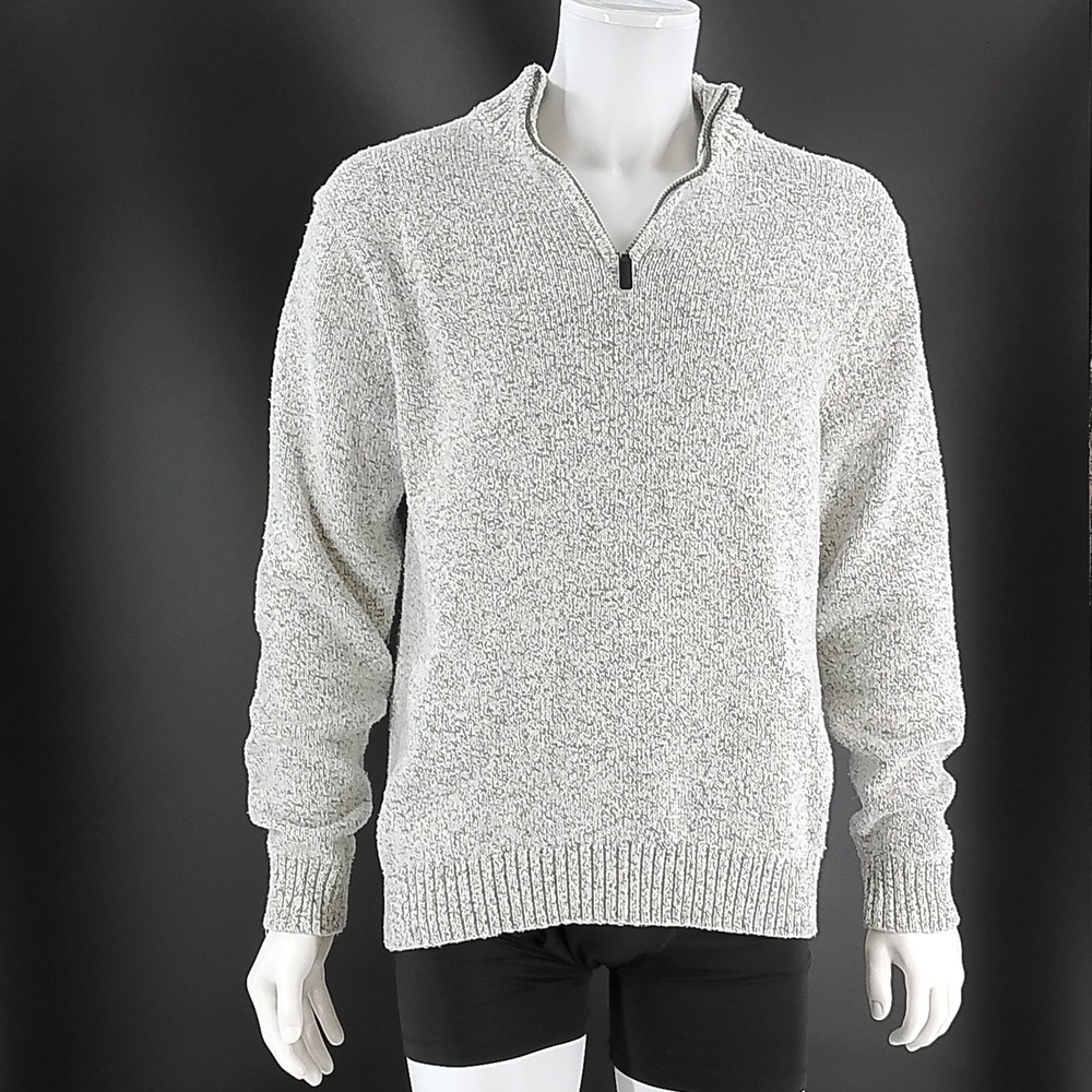 Chaps Mens Quarter Zip Sweater Large Gray Marl Cotton Blend Mock Neck Pullover